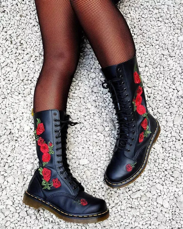 Dr Martens 1914 Vonda Leather Mid Calf Rose Boots Black