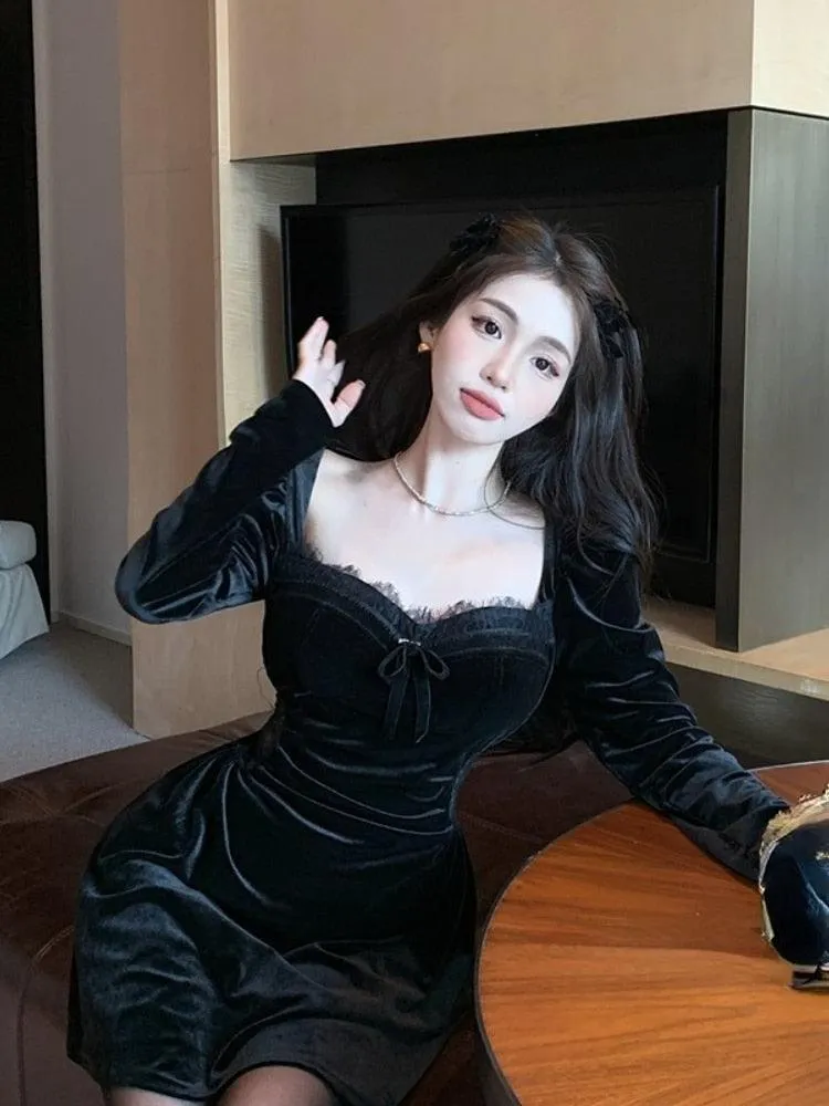 Elevate Your Style with Our Gothic Vintage Black Long Sleeve Elegant Velvet Midi Dress