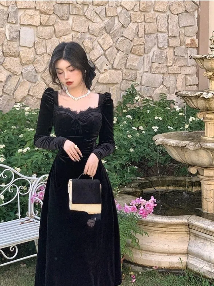 Elevate Your Style with Our Gothic Vintage Black Long Sleeve Elegant Velvet Midi Dress