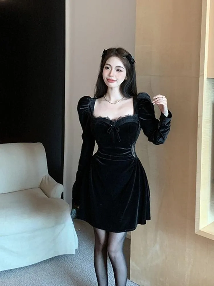 Elevate Your Style with Our Gothic Vintage Black Long Sleeve Elegant Velvet Midi Dress
