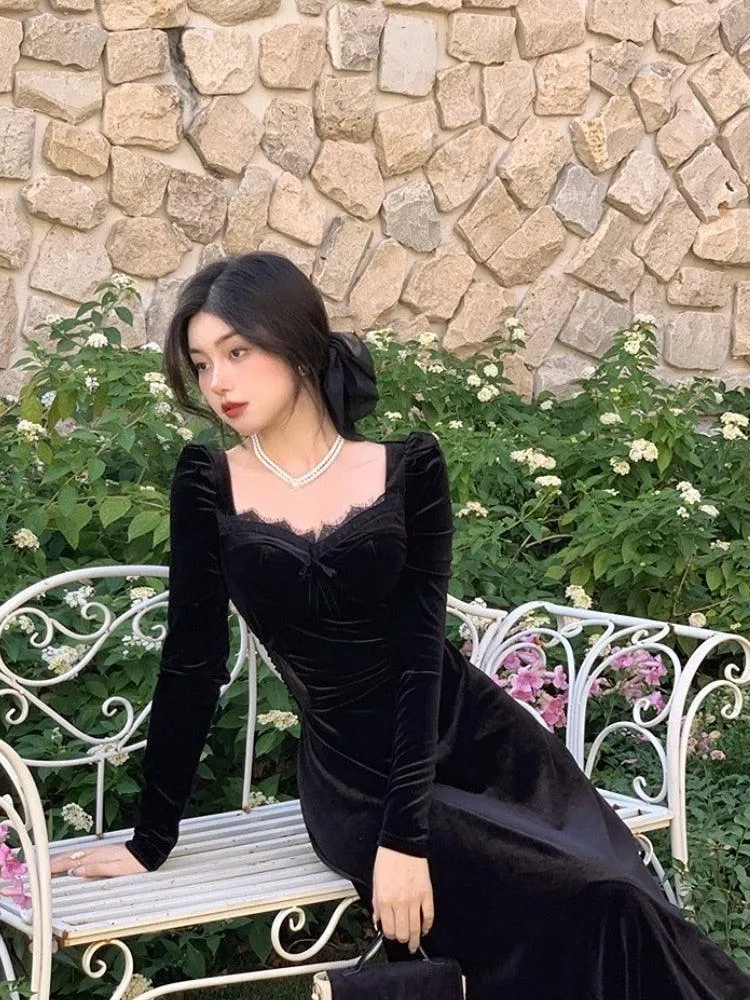 Elevate Your Style with Our Gothic Vintage Black Long Sleeve Elegant Velvet Midi Dress