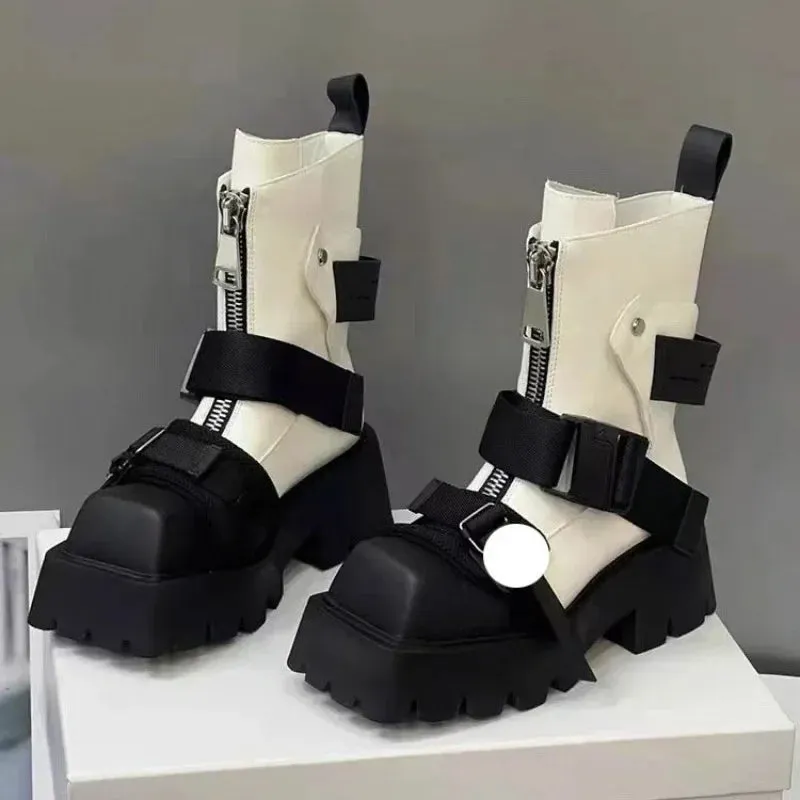 European style Square Toe Thick Heel Motorcycle Boots Women