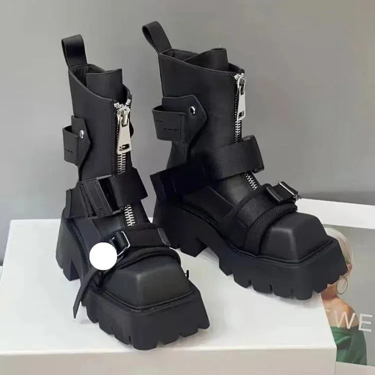 European style Square Toe Thick Heel Motorcycle Boots Women