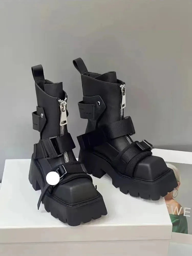 European style Square Toe Thick Heel Motorcycle Boots Women