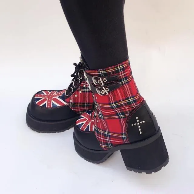 Fashion Black Plaids Rivet Gothic Punk Rock Lace-up Lolita Ankle Boots Block Heel Thick Platform Punk Lolita Cosplay Boots
