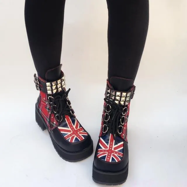 Fashion Black Plaids Rivet Gothic Punk Rock Lace-up Lolita Ankle Boots Block Heel Thick Platform Punk Lolita Cosplay Boots