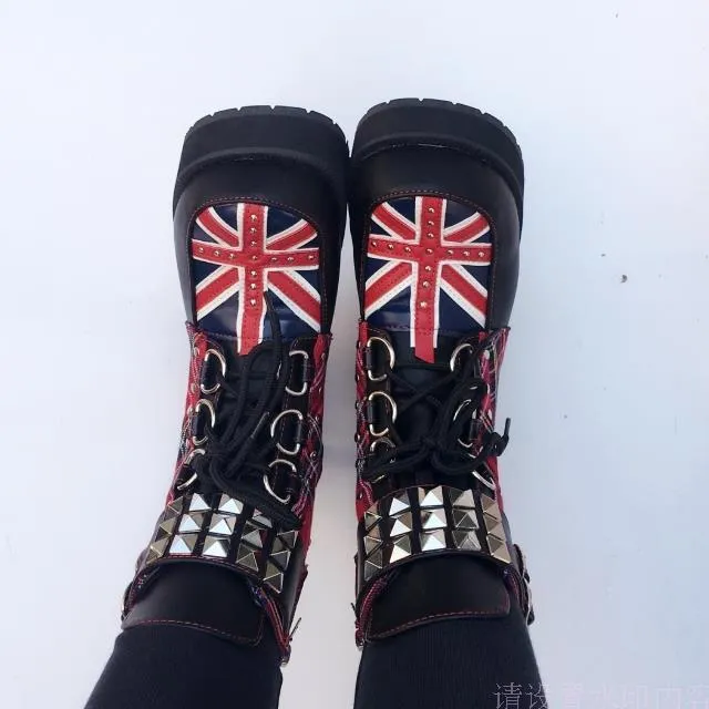 Fashion Black Plaids Rivet Gothic Punk Rock Lace-up Lolita Ankle Boots Block Heel Thick Platform Punk Lolita Cosplay Boots