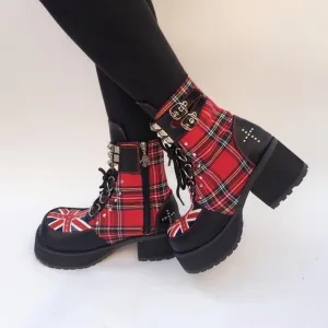 Fashion Black Plaids Rivet Gothic Punk Rock Lace-up Lolita Ankle Boots Block Heel Thick Platform Punk Lolita Cosplay Boots