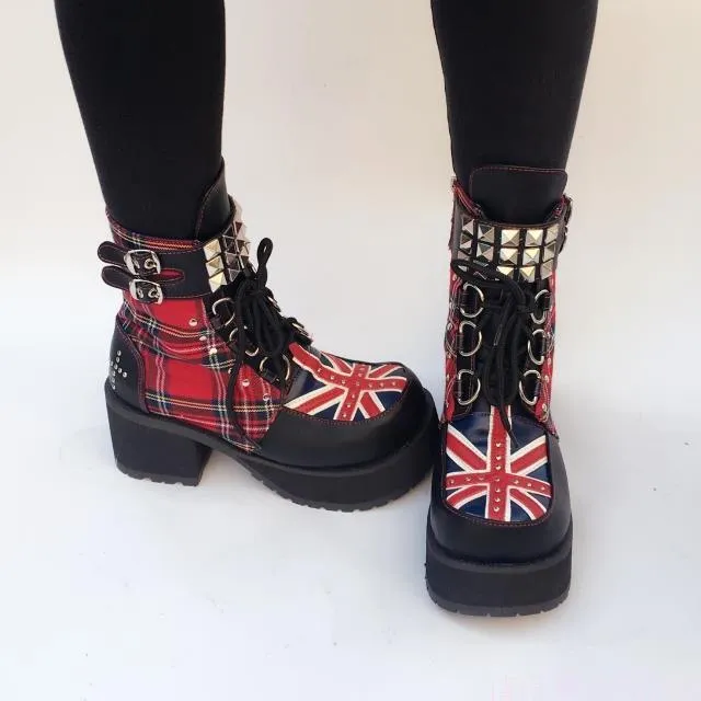 Fashion Black Plaids Rivet Gothic Punk Rock Lace-up Lolita Ankle Boots Block Heel Thick Platform Punk Lolita Cosplay Boots