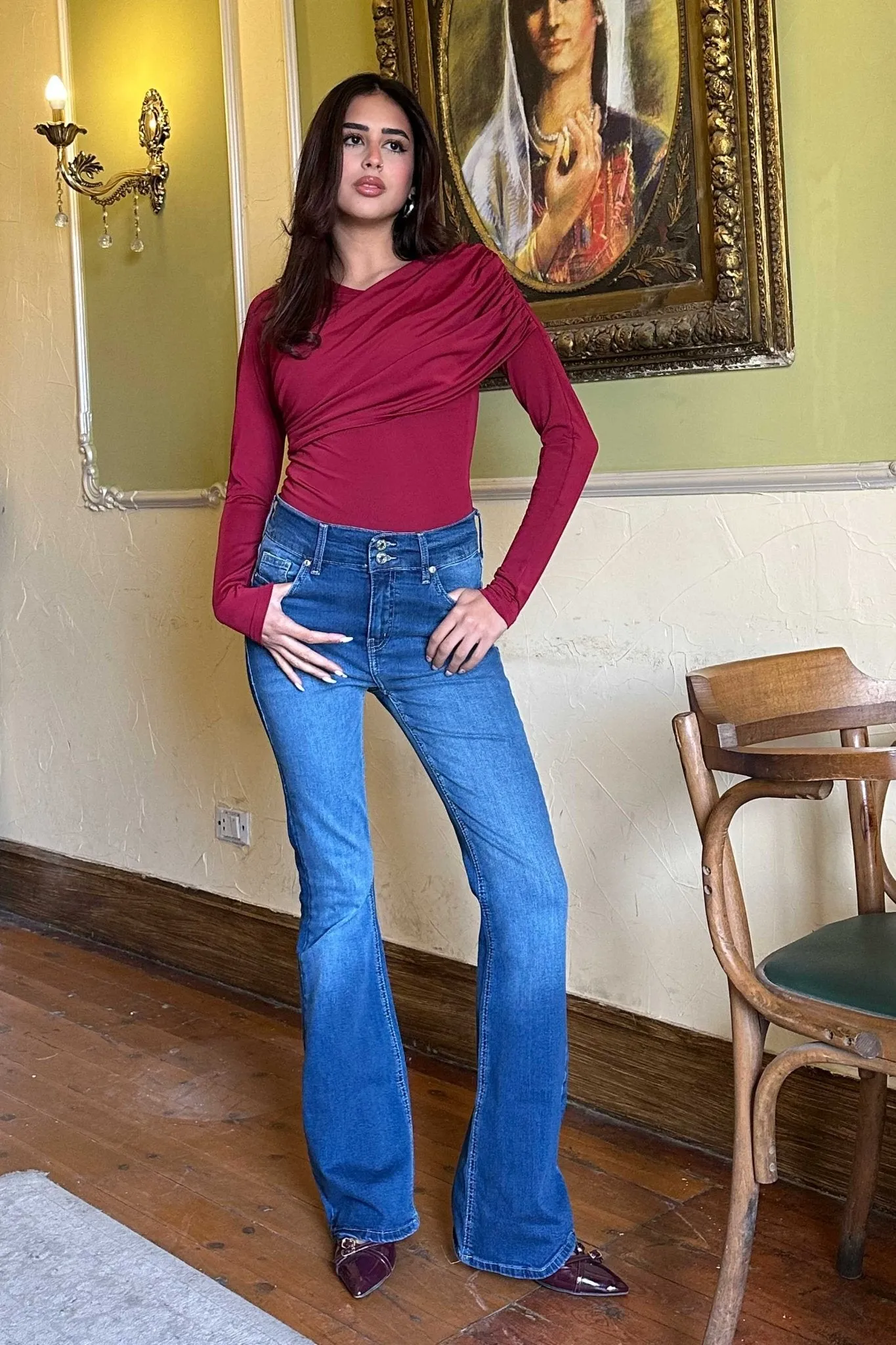 Flare - High-Waist Double Button Medium Blue Jeans