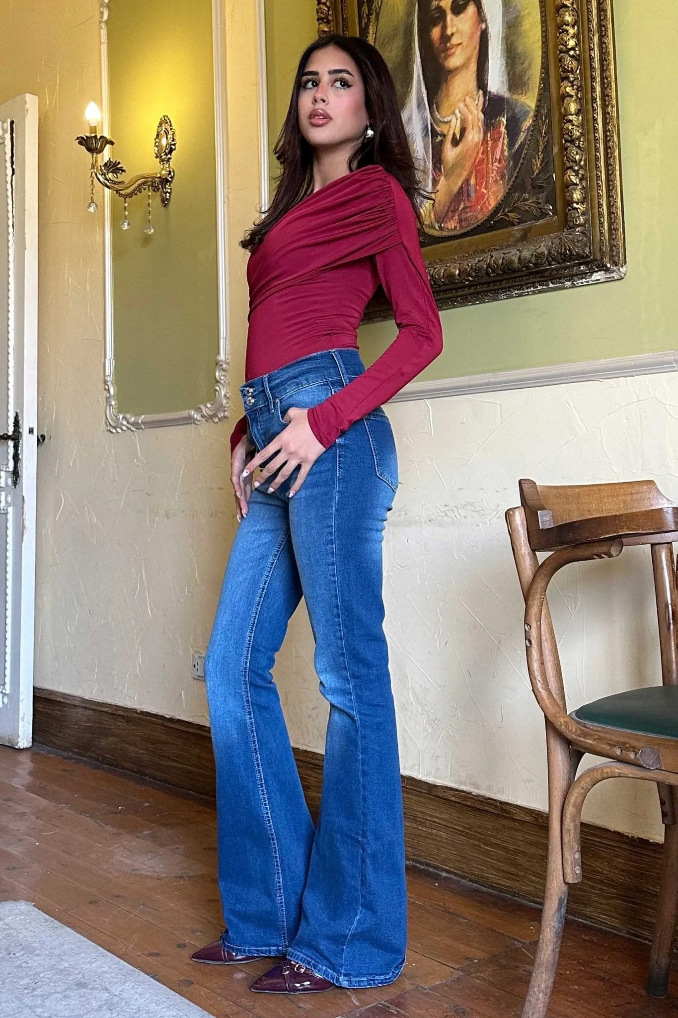 Flare - High-Waist Double Button Medium Blue Jeans