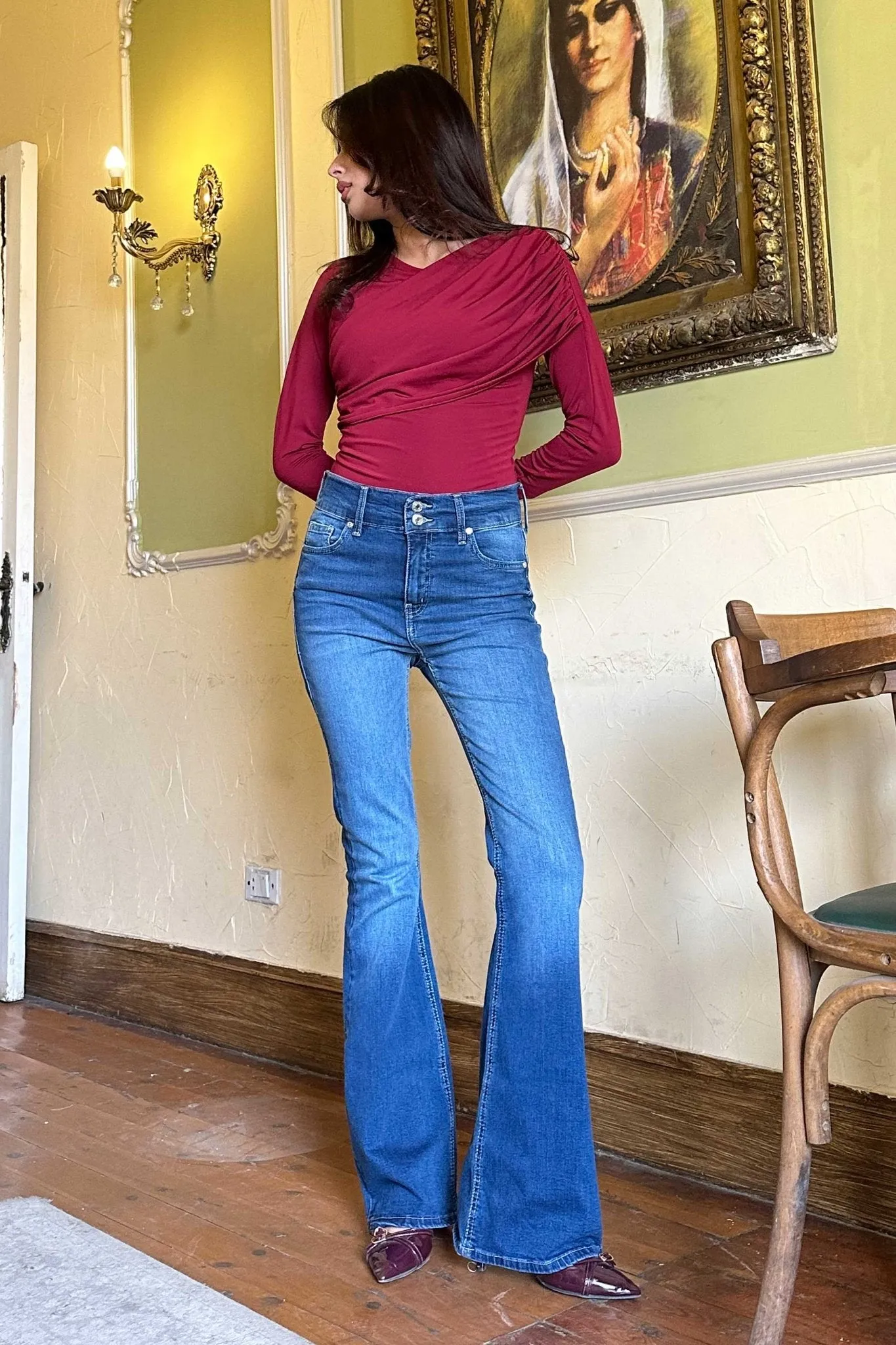 Flare - High-Waist Double Button Medium Blue Jeans