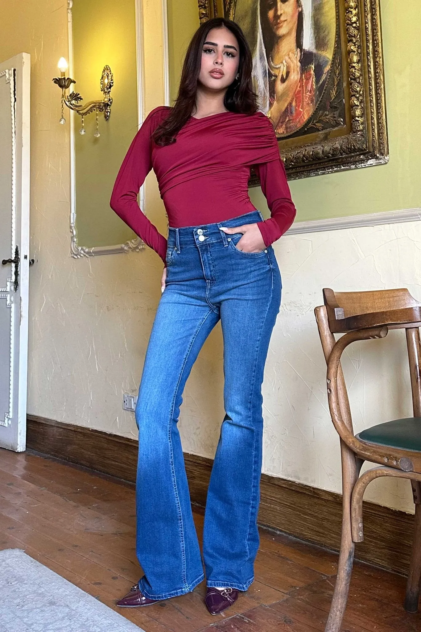 Flare - High-Waist Double Button Medium Blue Jeans