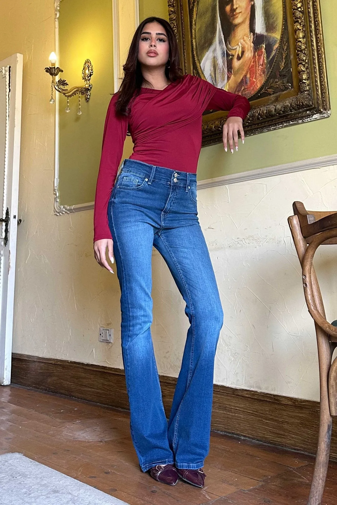 Flare - High-Waist Double Button Medium Blue Jeans