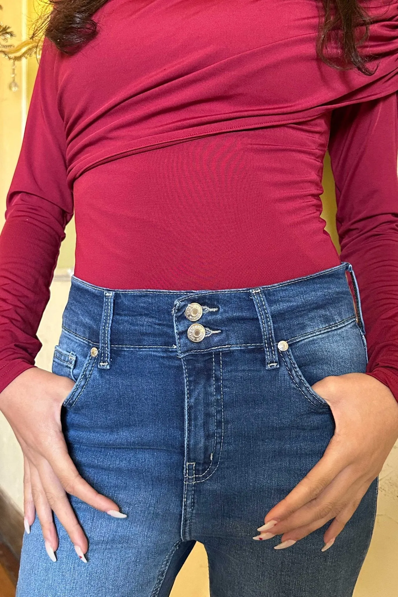 Flare - High-Waist Double Button Medium Blue Jeans