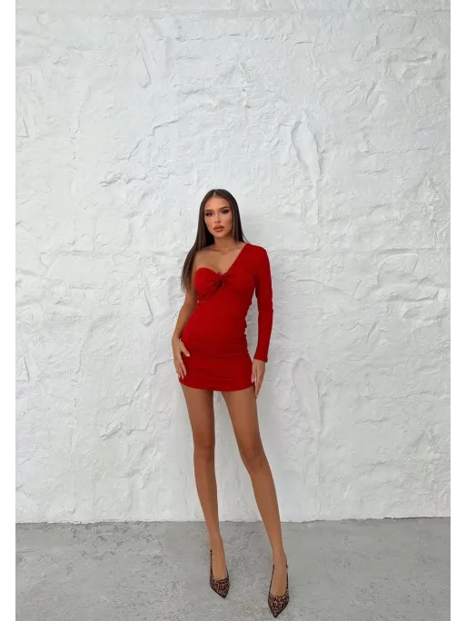 Front Tie Detail One Sleeve Mini Dress