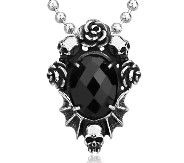Goth 'Black Dahlia'  Black Skull Rose Necklace