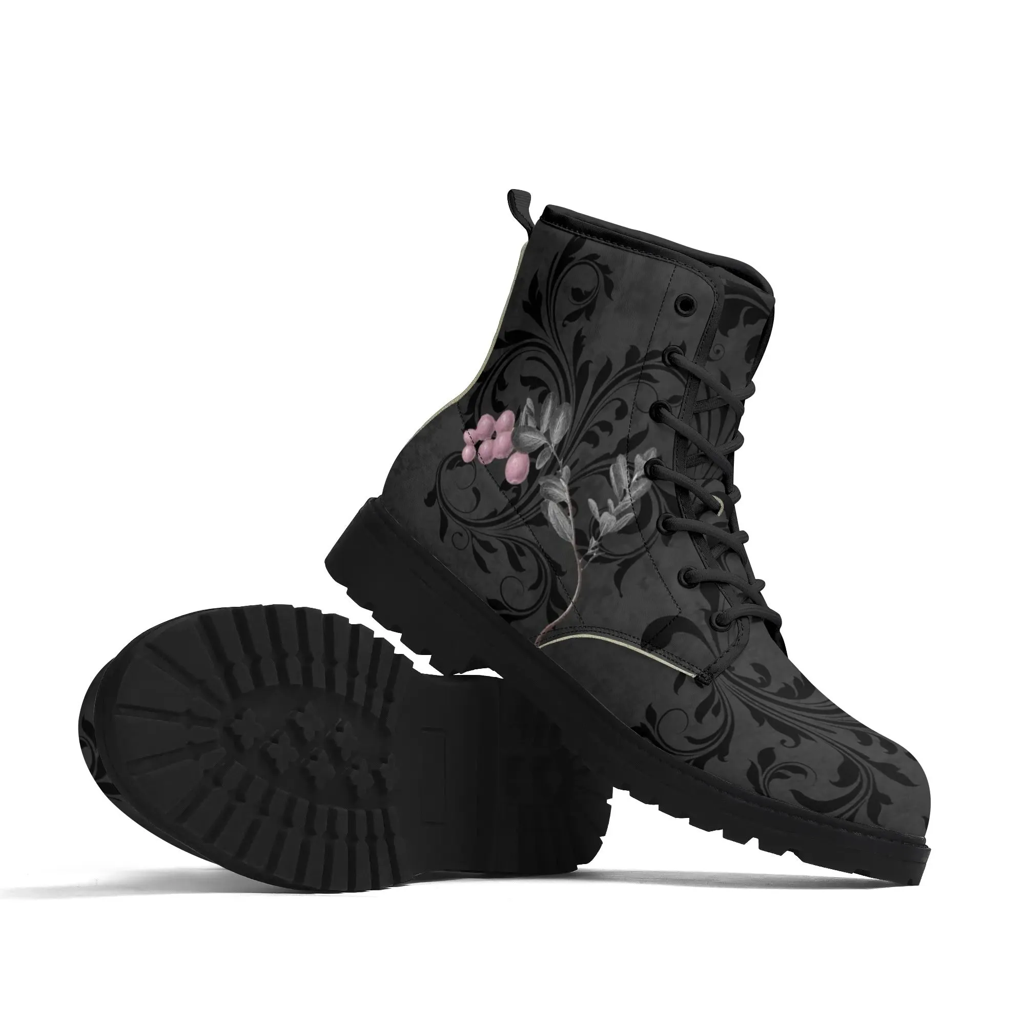 Goth Pink Roses Womens Vegan Combat Boots