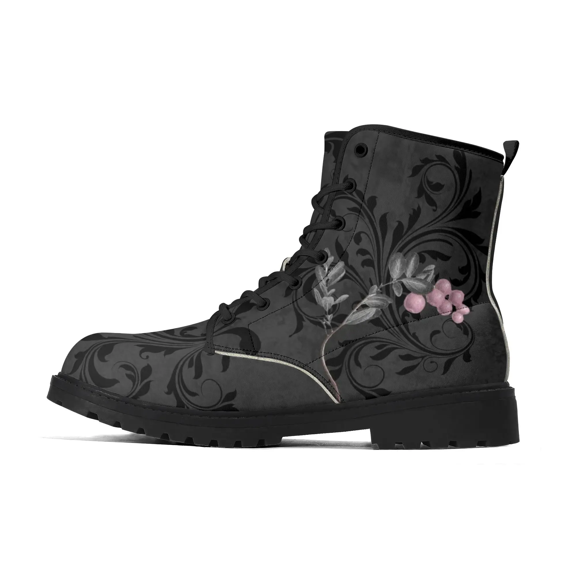 Goth Pink Roses Womens Vegan Combat Boots
