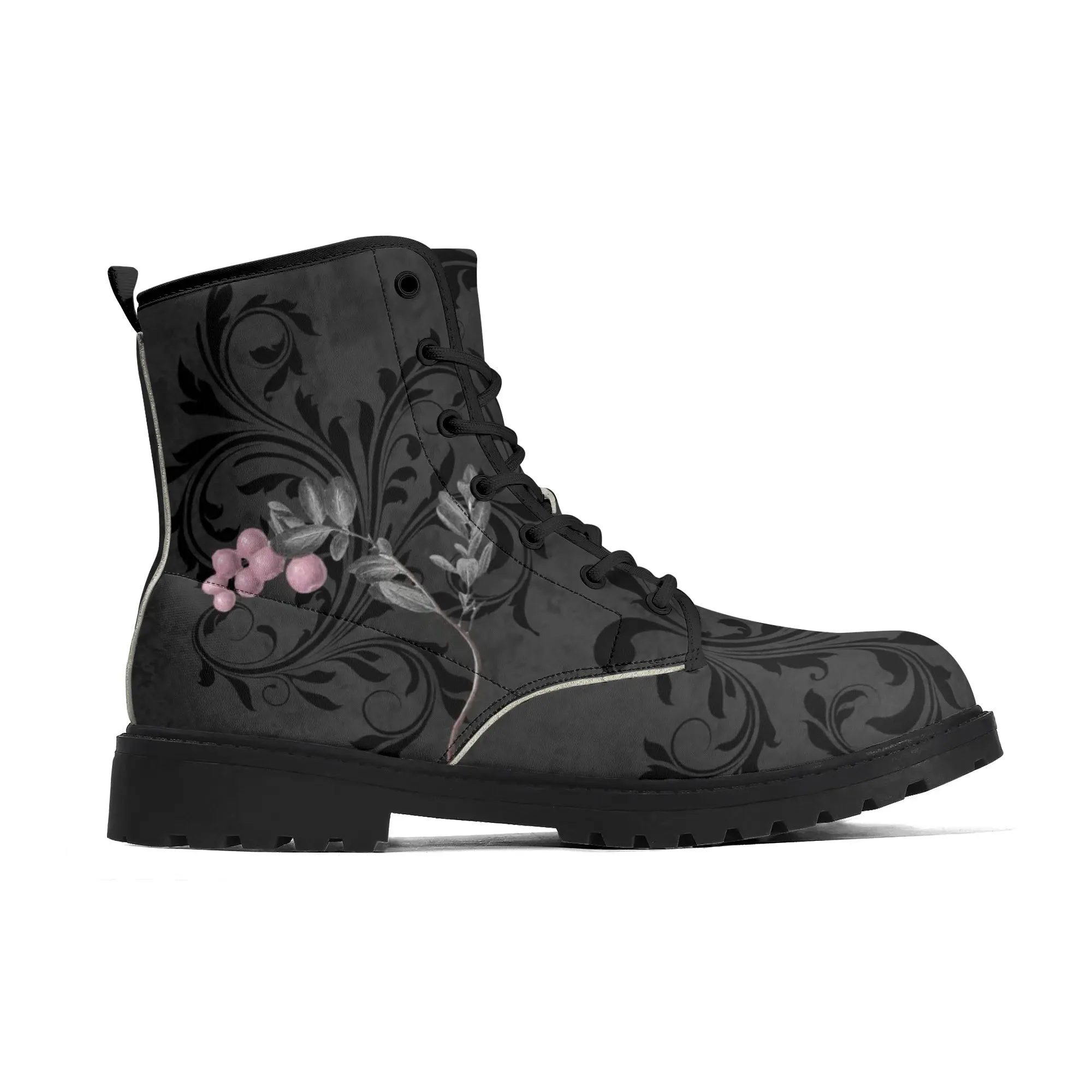 Goth Pink Roses Womens Vegan Combat Boots