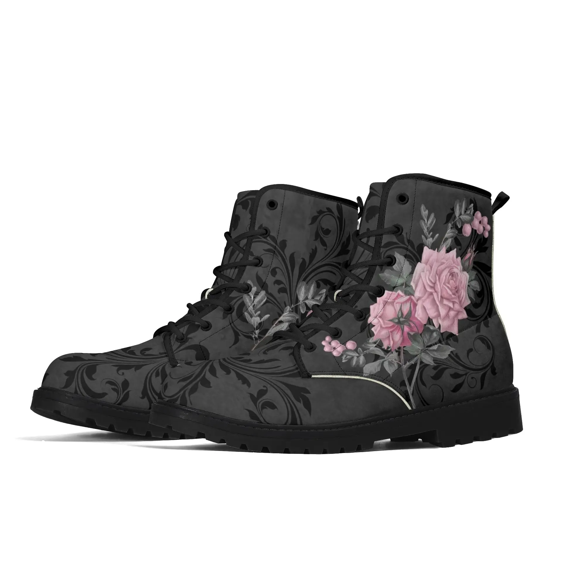 Goth Pink Roses Womens Vegan Combat Boots