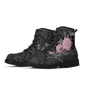 Goth Pink Roses Womens Vegan Combat Boots