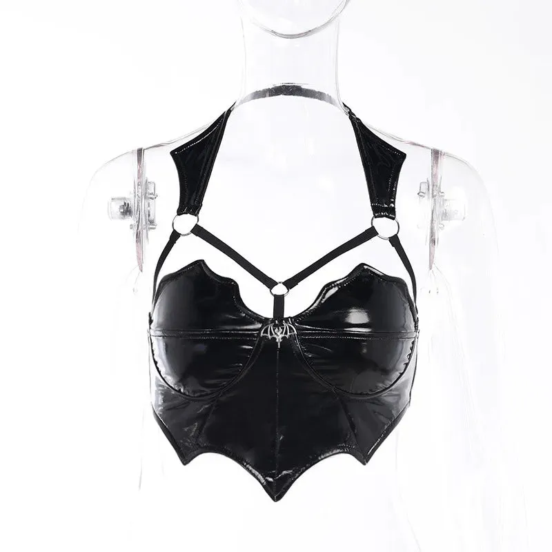 Gothic Backless Bat Top in PU Leather and Latex – Punk Egirl Style