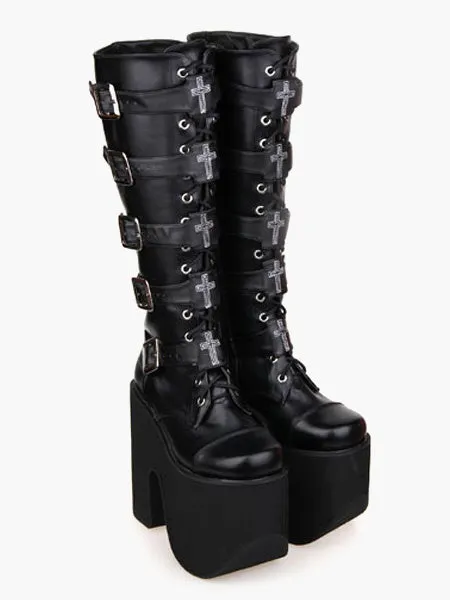 Gothic Black Lolita Boots High Platform Buckles Cross Print