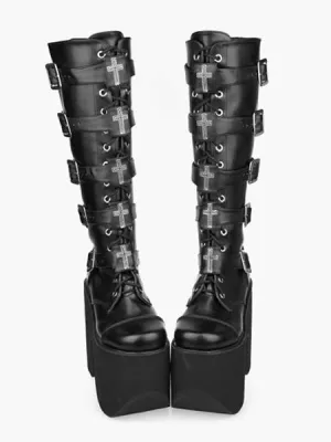 Gothic Black Lolita Boots High Platform Buckles Cross Print