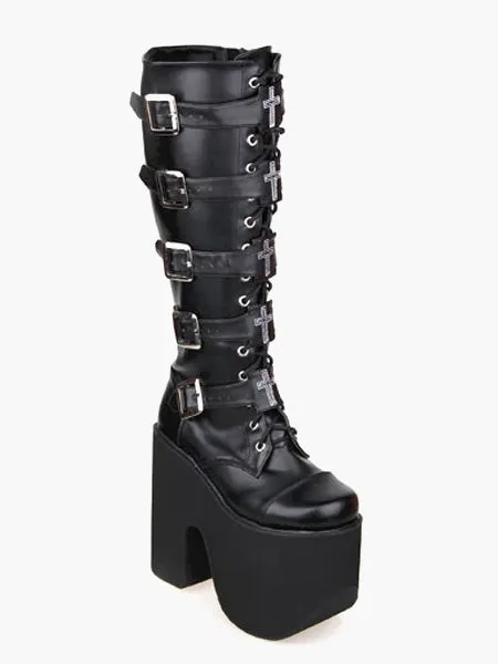 Gothic Black Lolita Boots High Platform Buckles Cross Print