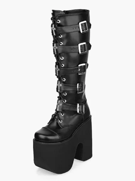 Gothic Black Lolita Boots High Platform Buckles Cross Print