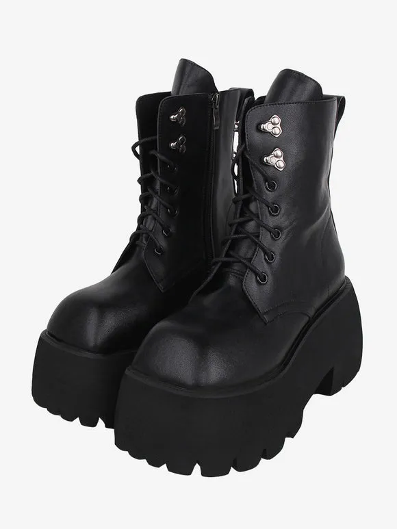 Gothic Lolita Boots Black Grommets Metallic Square Toe PU Leather Lolita Footwear