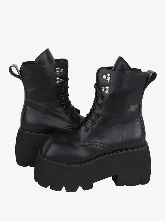 Gothic Lolita Boots Black Grommets Metallic Square Toe PU Leather Lolita Footwear
