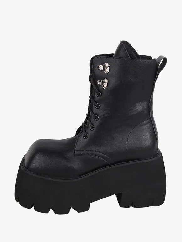 Gothic Lolita Boots Black Grommets Metallic Square Toe PU Leather Lolita Footwear