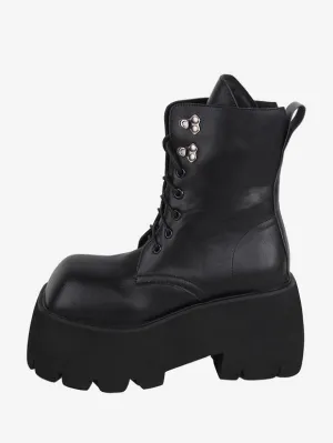 Gothic Lolita Boots Black Grommets Metallic Square Toe PU Leather Lolita Footwear