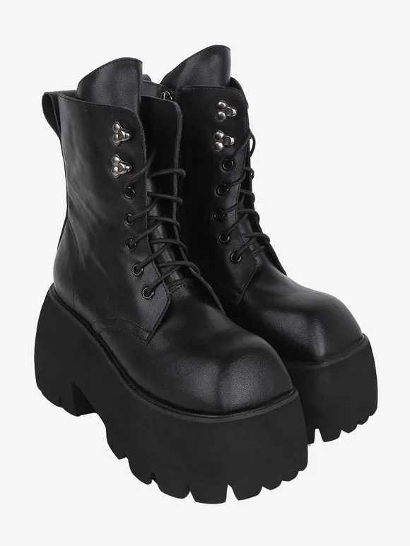 Gothic Lolita Boots Black Grommets Metallic Square Toe PU Leather Lolita Footwear