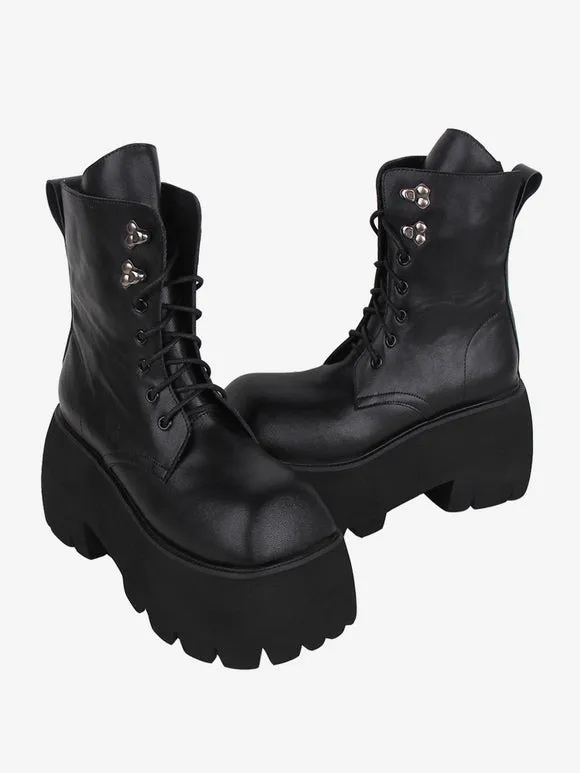 Gothic Lolita Boots Black Grommets Metallic Square Toe PU Leather Lolita Footwear