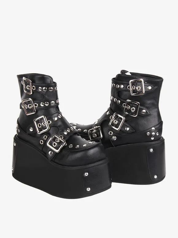 Gothic Lolita Boots Black Grommets Round Toe PU Leather Lolita Footwear