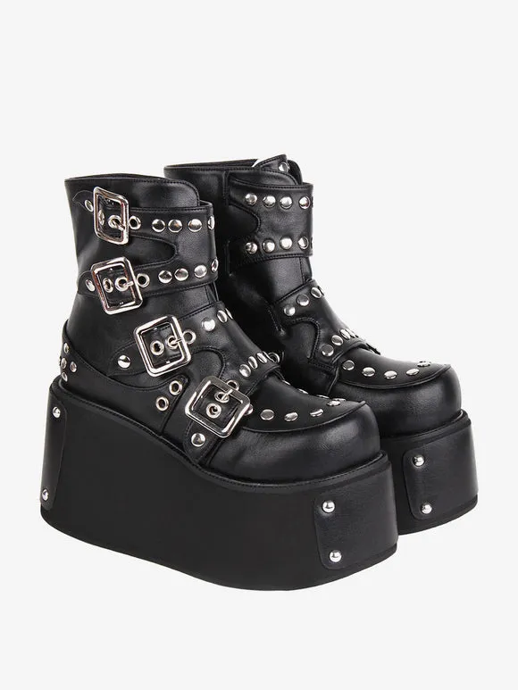 Gothic Lolita Boots Black Grommets Round Toe PU Leather Lolita Footwear