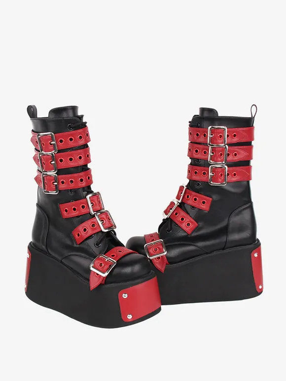 Gothic Lolita Boots Black Grommets Two-Tone Round Toe PU Leather Lolita Footwear