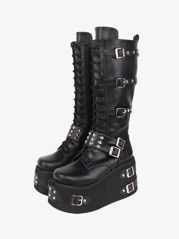 Gothic Lolita Boots Black Grommets Two-Tone Round Toe PU Leather Lolita Footwear