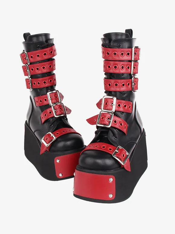 Gothic Lolita Boots Black Grommets Two-Tone Round Toe PU Leather Lolita Footwear
