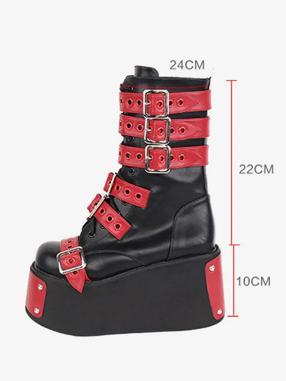 Gothic Lolita Boots Black Grommets Two-Tone Round Toe PU Leather Lolita Footwear