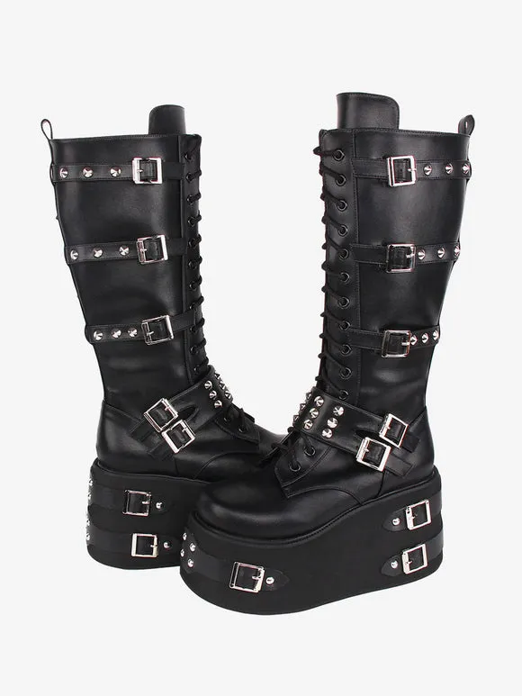 Gothic Lolita Boots Black Grommets Two-Tone Round Toe PU Leather Lolita Footwear