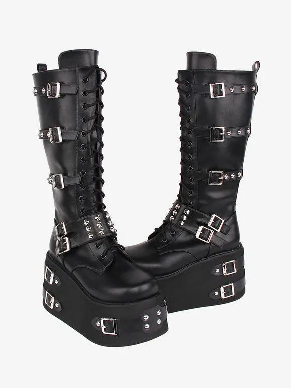 Gothic Lolita Boots Black Grommets Two-Tone Round Toe PU Leather Lolita Footwear