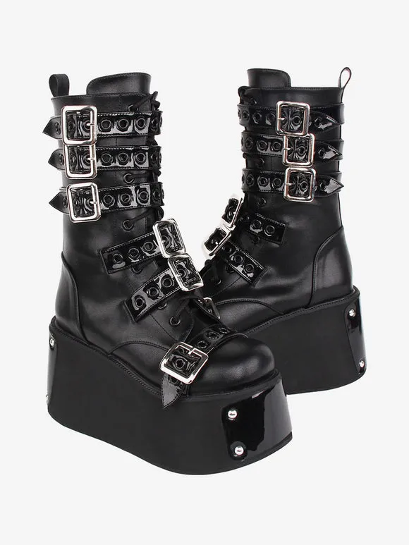 Gothic Lolita Boots Black Grommets Two-Tone Round Toe PU Leather Lolita Footwear