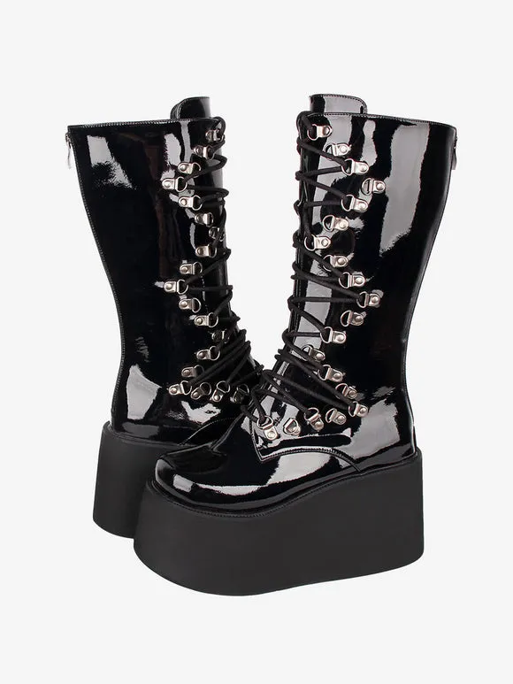 Gothic Lolita Boots Black Grommets Two-Tone Round Toe PU Leather Lolita Footwear