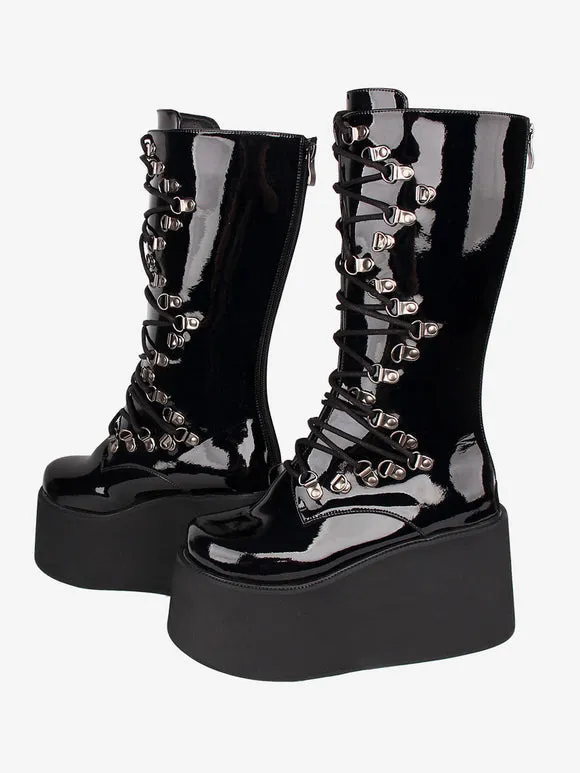 Gothic Lolita Boots Black Grommets Two-Tone Round Toe PU Leather Lolita Footwear
