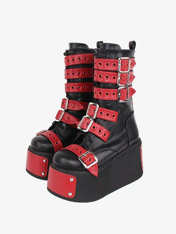 Gothic Lolita Boots Black Grommets Two-Tone Round Toe PU Leather Lolita Footwear
