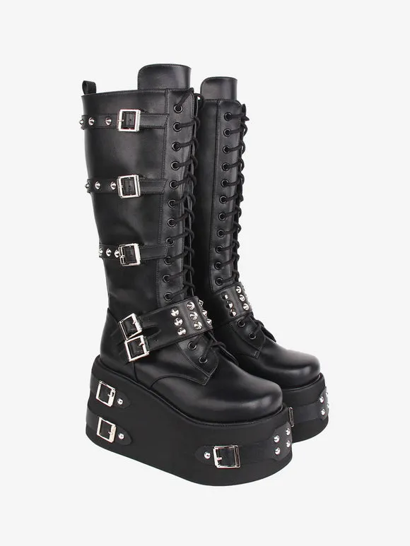 Gothic Lolita Boots Black Grommets Two-Tone Round Toe PU Leather Lolita Footwear